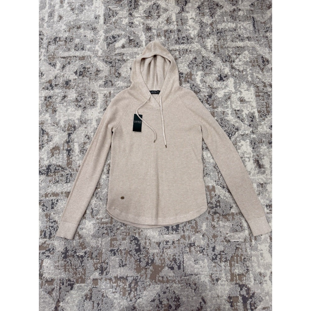 Polo Ralph Lauren Women Natural Solid Cotton Waffle Knit Thermal Pullover Hoodie